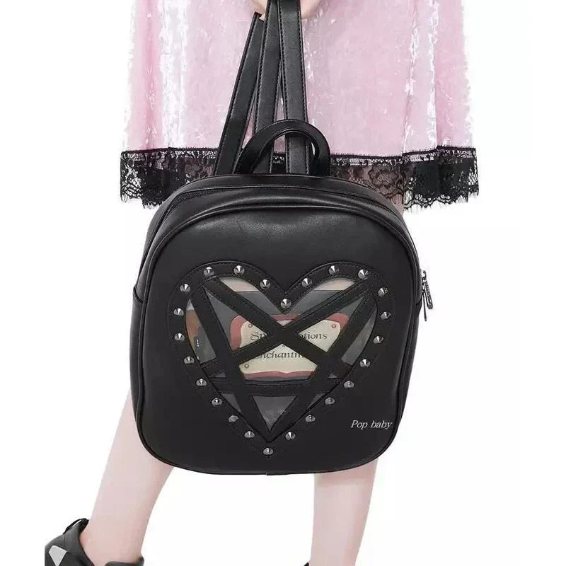 Punk Rock Black Pu Leather Hollow Out Pentacle Heart Gothic Cosplay Bag Halloween