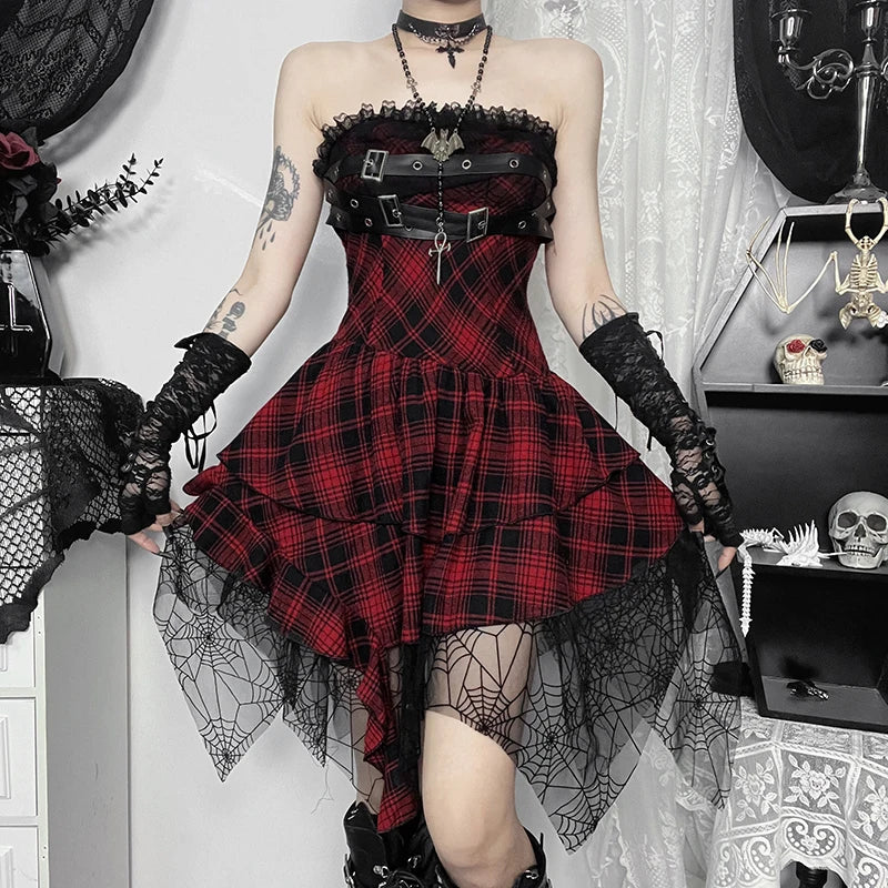 Red Pleated Lace-up Mini Dress