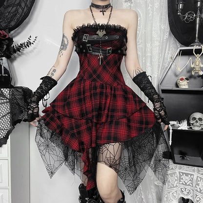 Red Pleated Lace-up Mini Dress