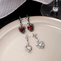 Y2K Goth Heart Cross Red Zircon Tassel Earring