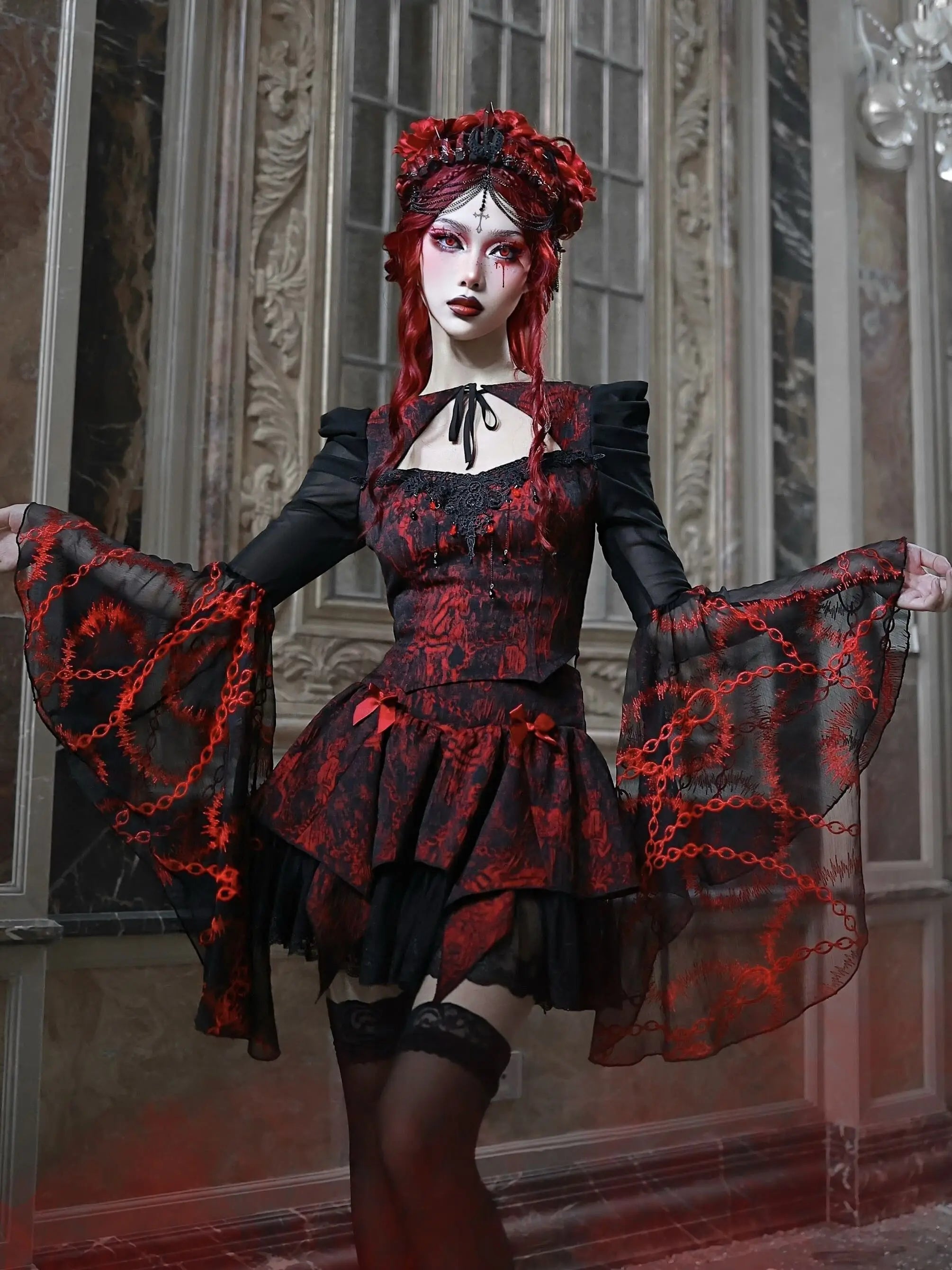 Gothic Red Black Rose Lace Blouse Main image