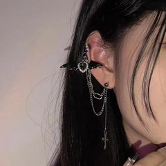 Gothic Demon Wings Cross Chain Stud Earring