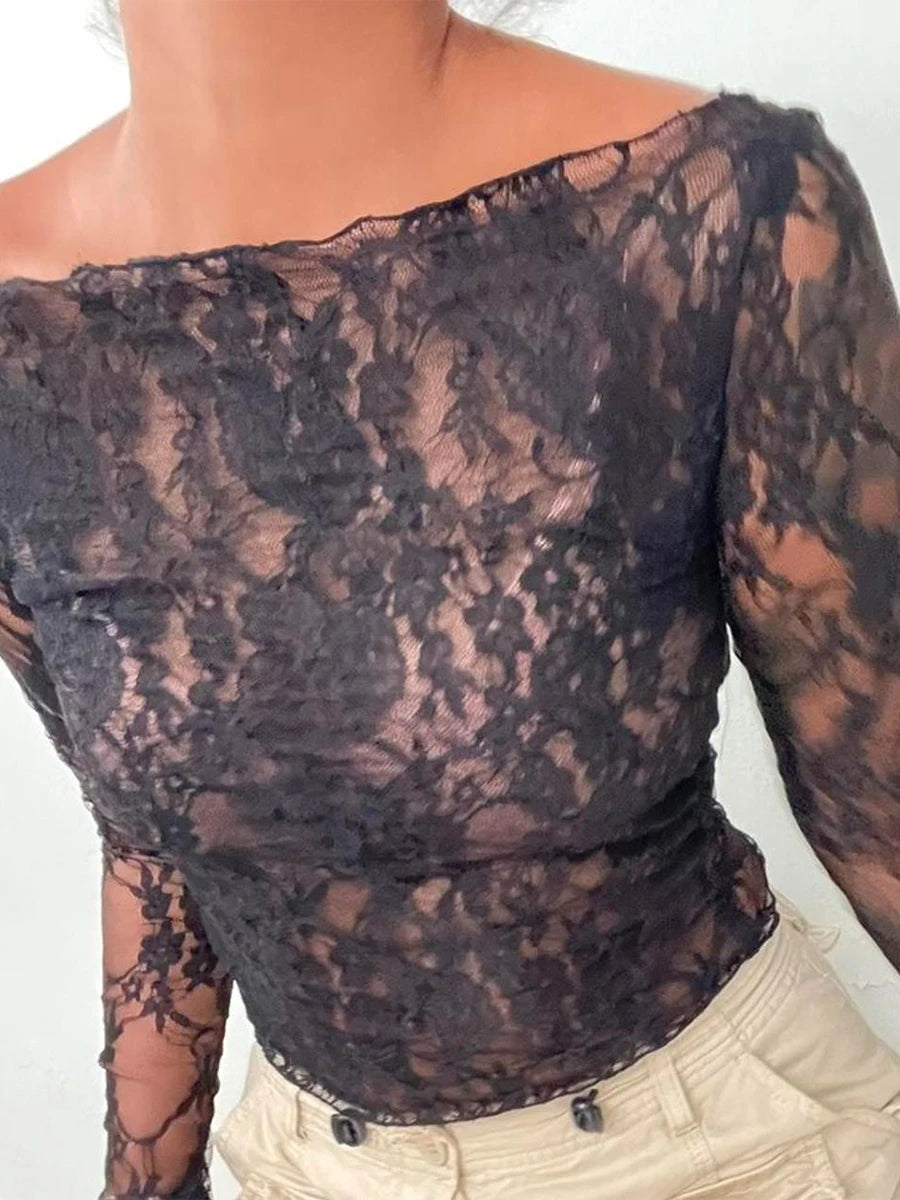Floral Lace Long Sleeve Y2K Crop Top