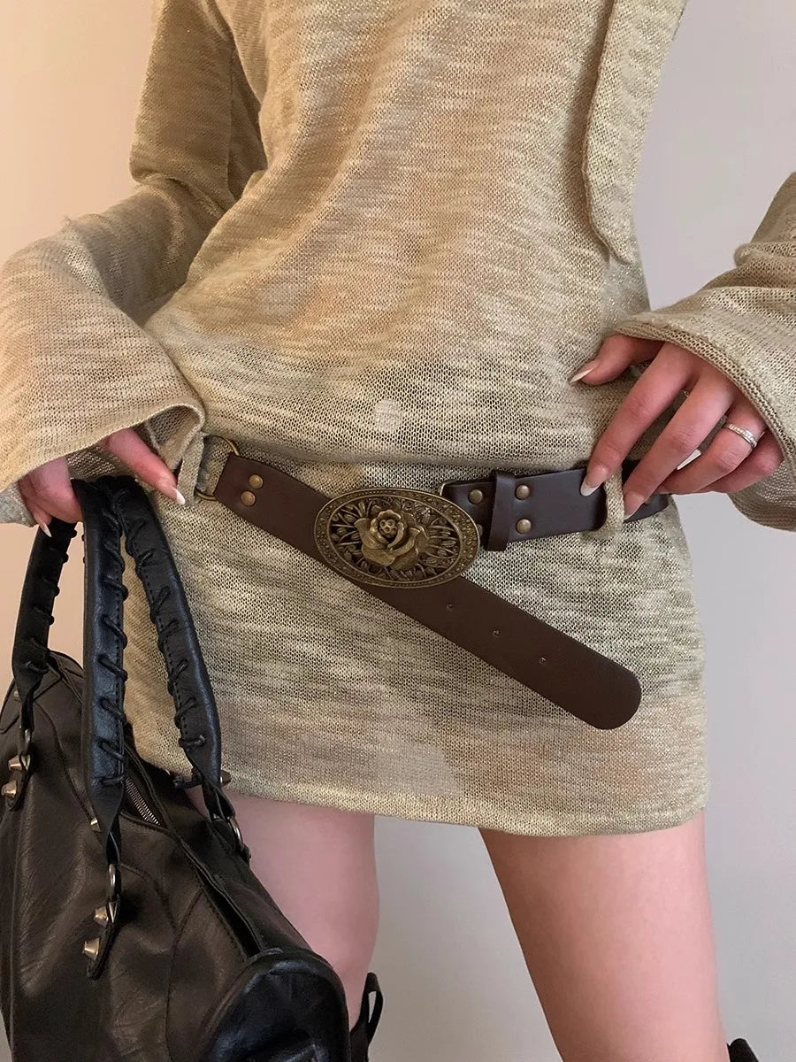 Retro Y2K Gothic Bohemian Wide Brown Belt