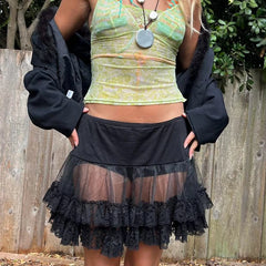 Sheer Ruffle Tiered Lace Skirt