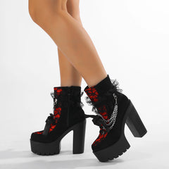 Gdgydh Vintage Gothic Lace Chunky Heel Boot