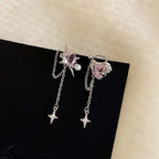 Pink Crystal Heart Star Tassel Clip Earring