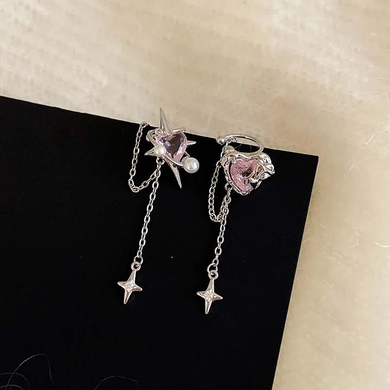 Pink Crystal Heart Star Tassel Clip Earring