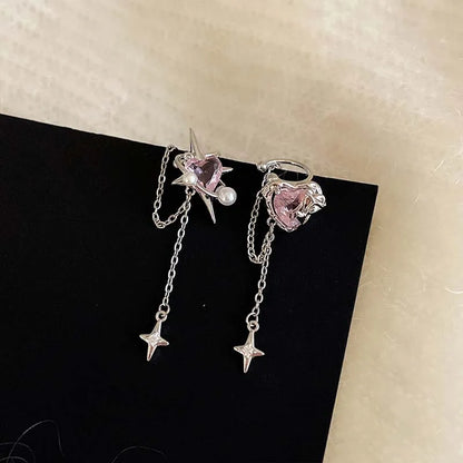 Pink Crystal Heart Star Tassel Clip Earring