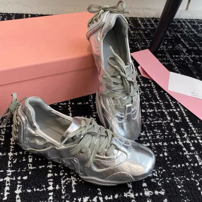 Vintage Denim Lace-Up Blue Pearl Bow Flat