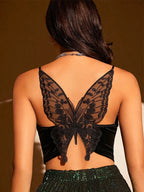 Sexy Butterfly Mesh Velvet Cami Crop Top