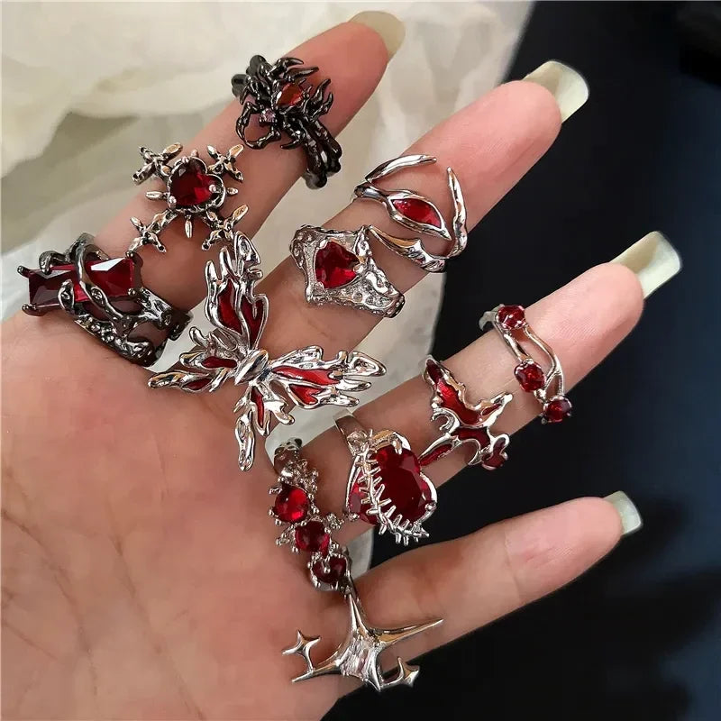 Goth Punk Red Crystal Heart Cross Ring Main image