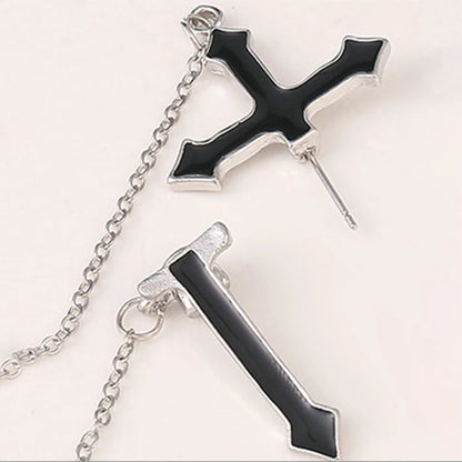 Y2K Goth Heart Cross Red Zircon Tassel Earring