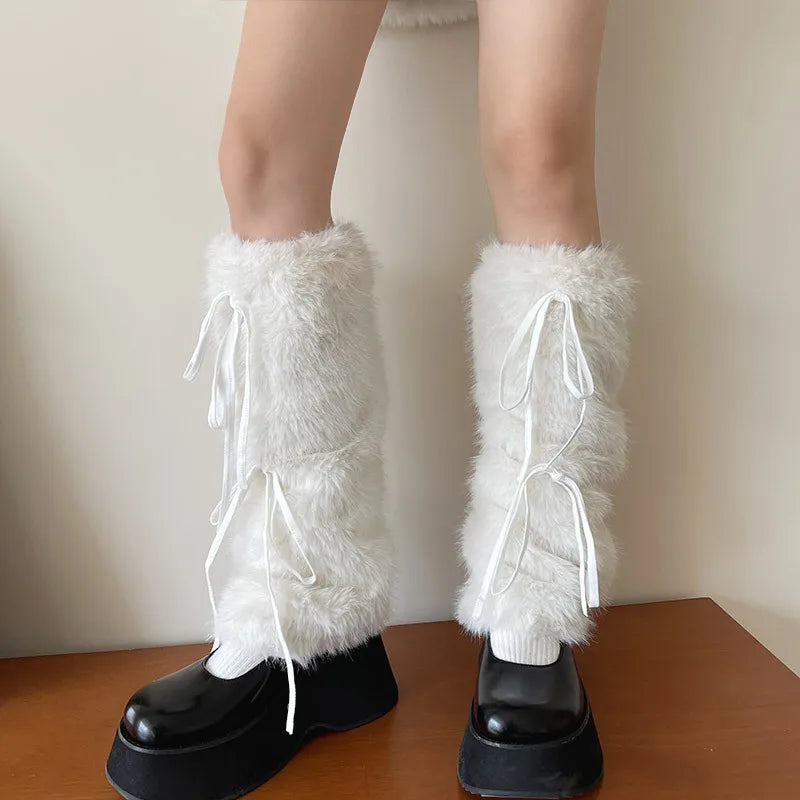 Gothic White Bow Rabbit Fur Winter Sock Main image