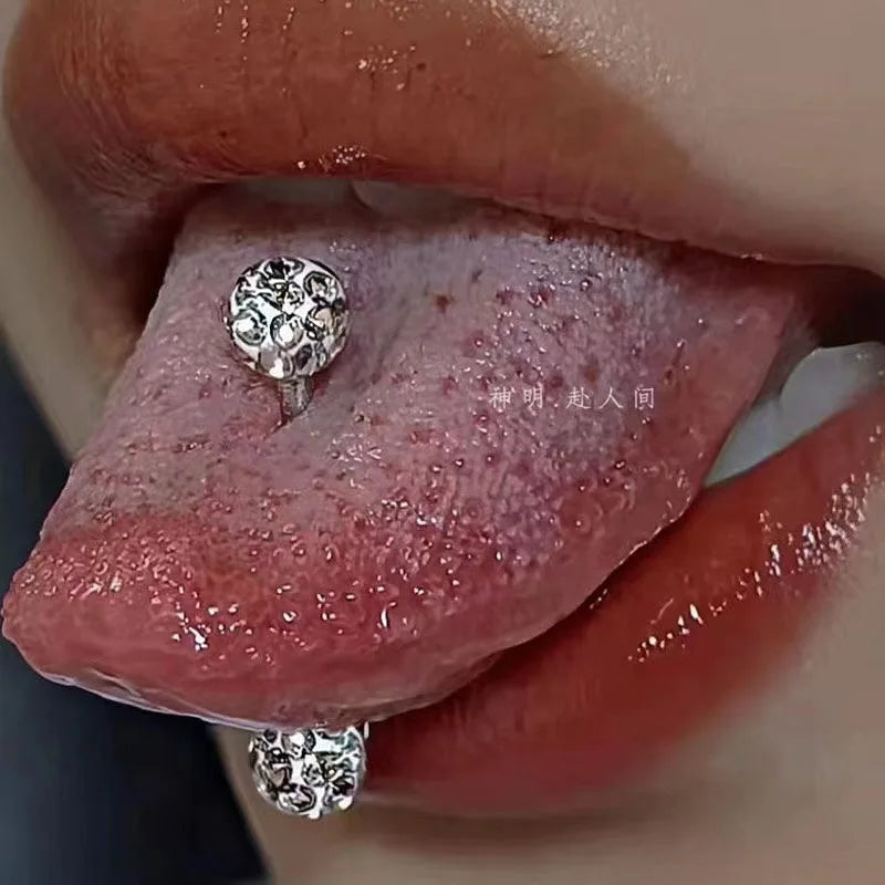 16mm Stainless Steel Shiny Rhinestone Tongue Ring Main image