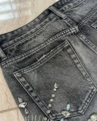 Rhinestone Raw Edge Denim Short