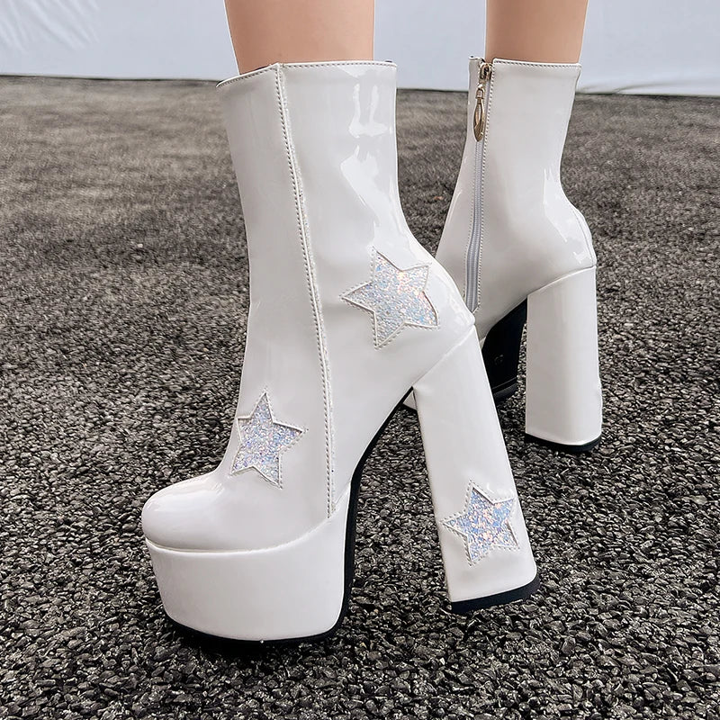 Patent Leather Sequin Platform Gothic Zipper Short Boot