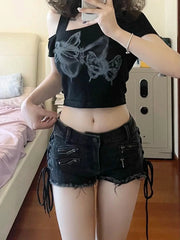 Black Raw Edge Zipper Short