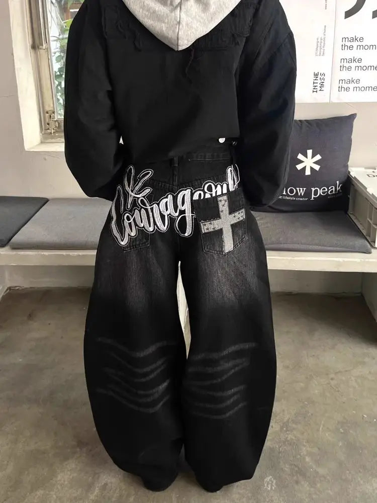 Embroidery Gothic Black Baggy Pant