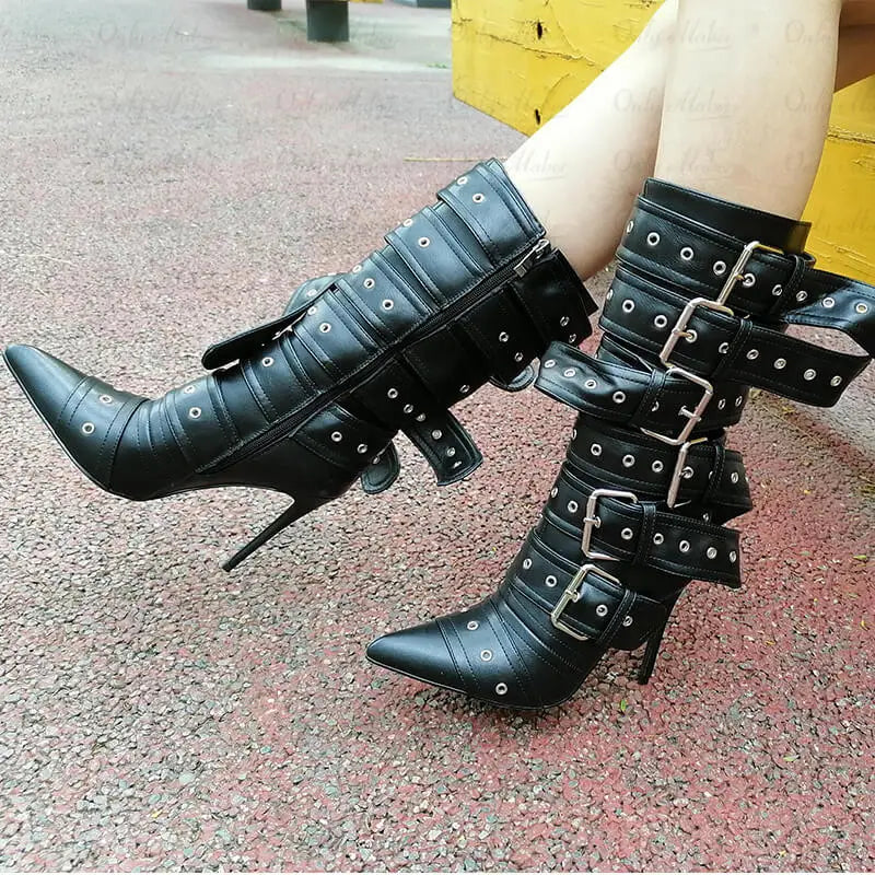 Pointed Toe Mid-Calf Buckle Stiletto Boot