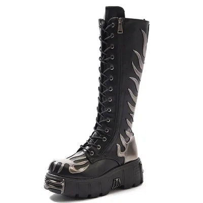 Fashion Punk Lace-Up Round Toe Knee High Gothic Boot