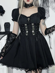 Black V Neck Lace Up High Waist Corset Mini Dress