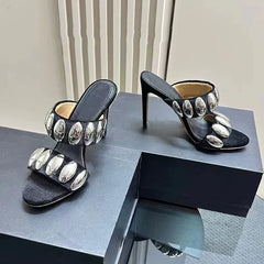 Metal Decor Gothic Suede Slippers High Heel