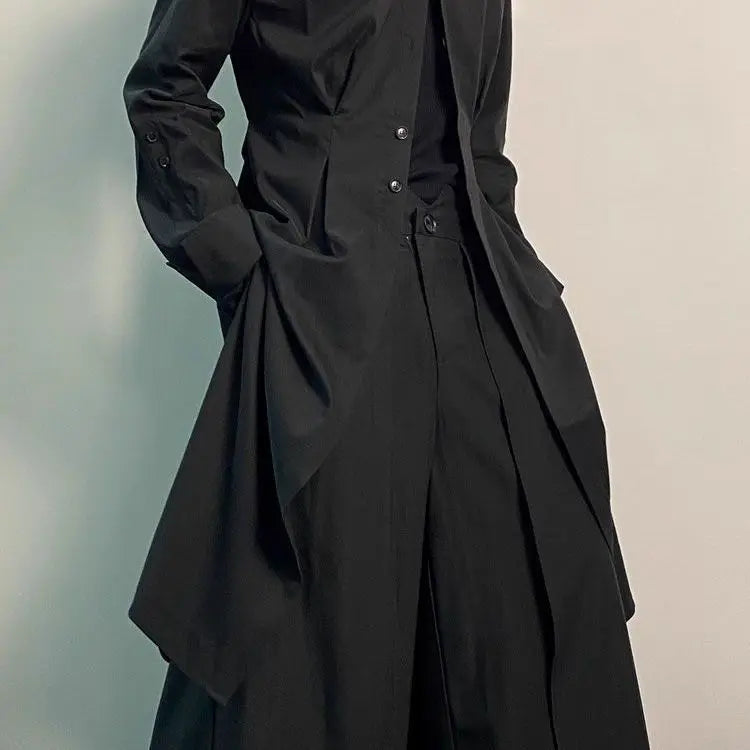 Adjustable Waist Belt Shirt Style Long Coat