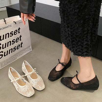 Mesh Lace Breathable Embroidery Comfort Mary Jane Flat