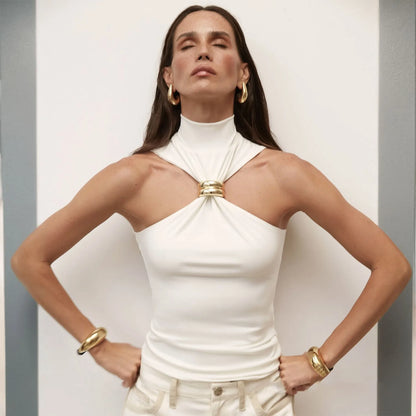 Metal Ring Knit Turtleneck Crop Top