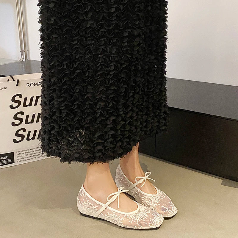 Mesh Lace Breathable Embroidery Comfort Mary Jane Flat