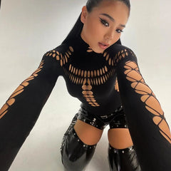 Hollow Out High Collar Bodycon Crop Top