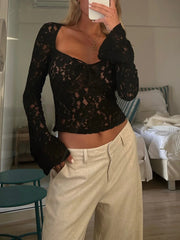 Lace Long Sleeve See Through Blouse