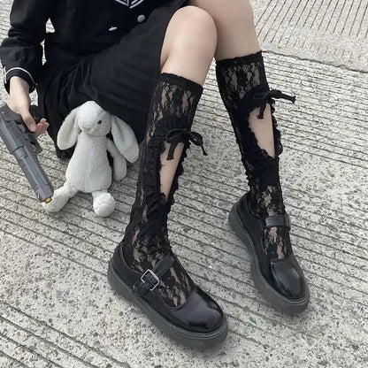 Gothic Black Calf Straps Hollow Sock