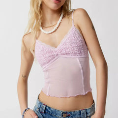 Sheer Mesh Lace V-Neck Backless Crop Top