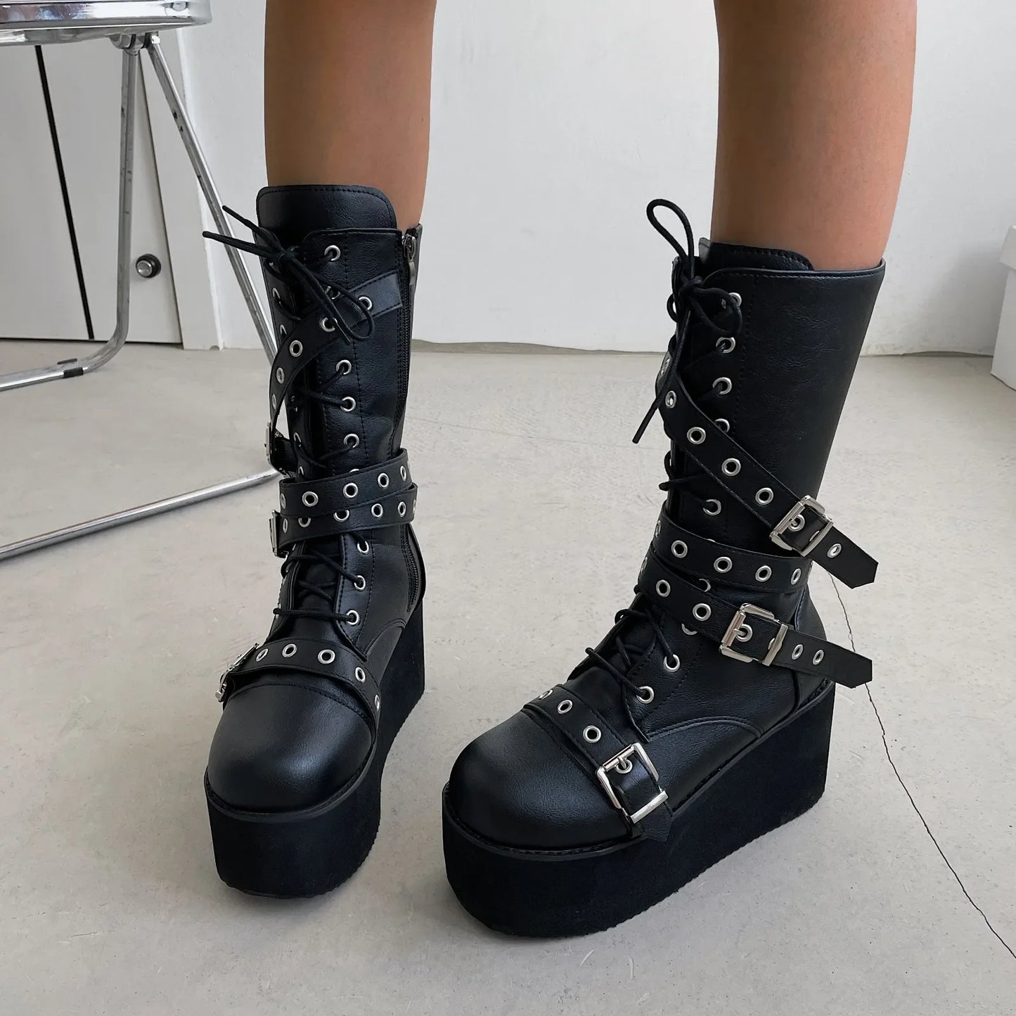 Big Size Women Lace Up Buckle Platform Gothic Boot