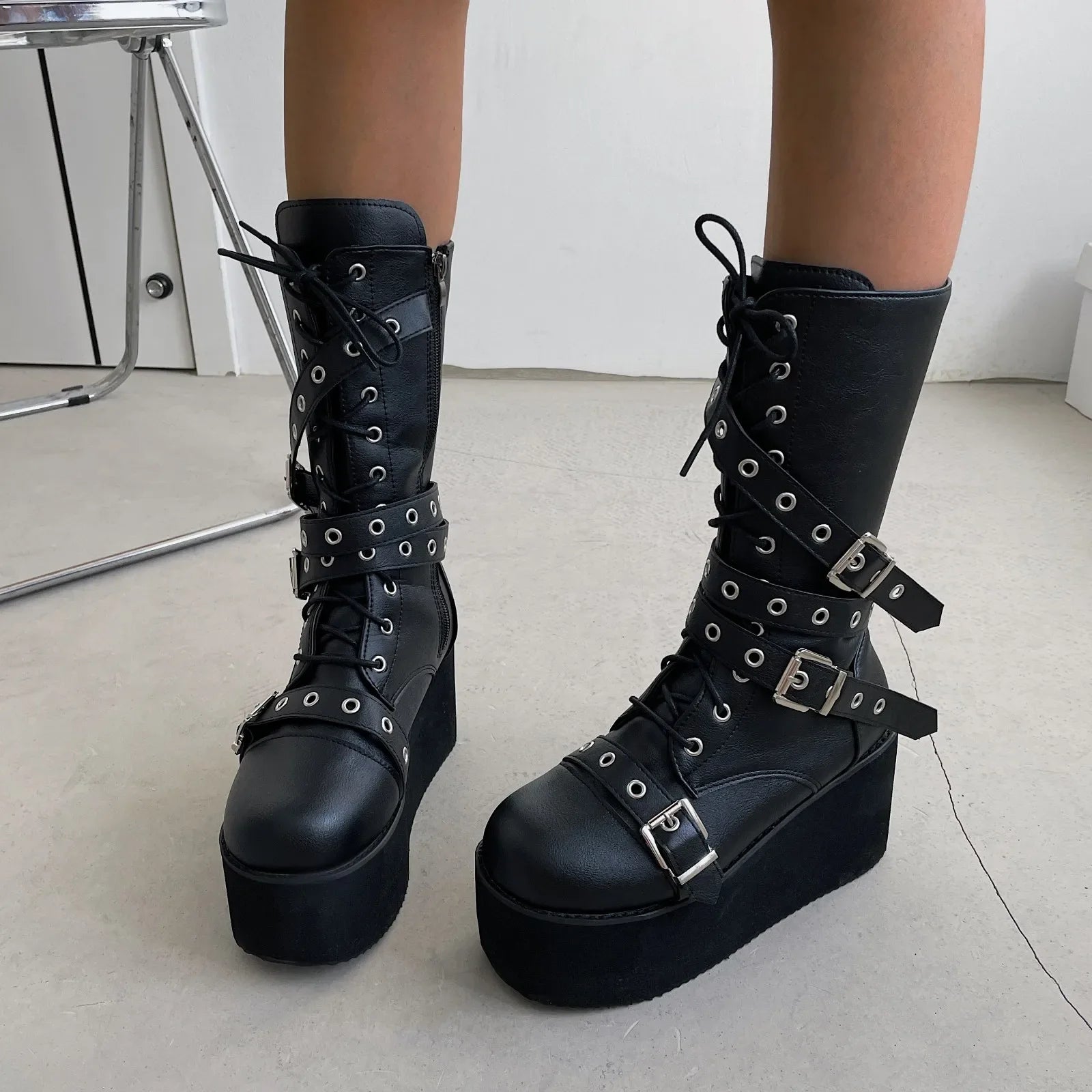 Big Size Women Lace Up Buckle Platform Gothic Boot
