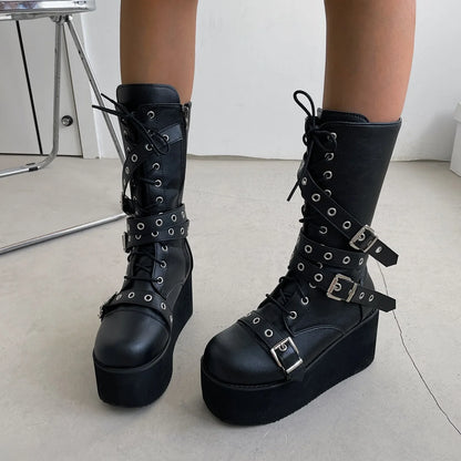 Big Size Women Lace Up Buckle Platform Gothic Boot