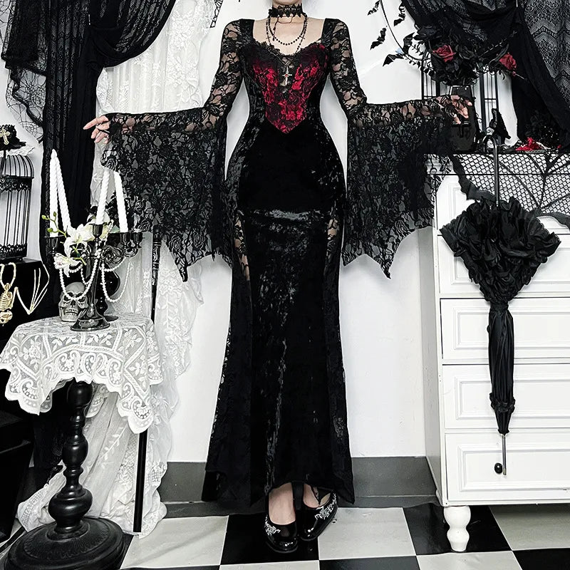 Embellished Gothic Velvet Midi Dress