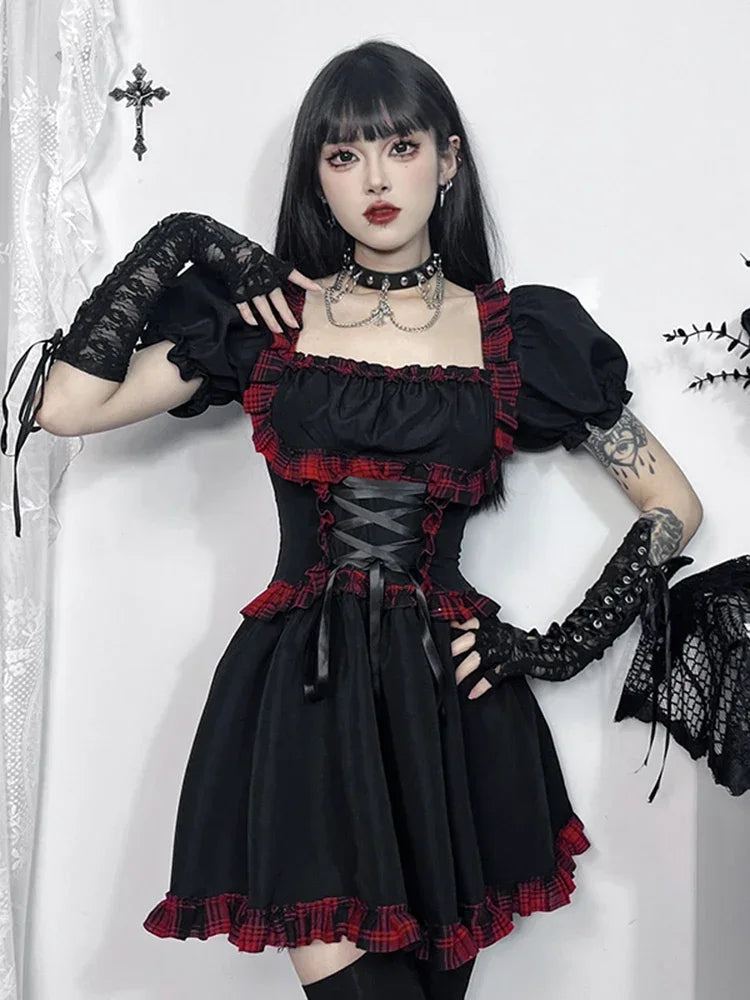 Red Plaid High Waist Bandage Corset Gothic Mini Dress Secondary image