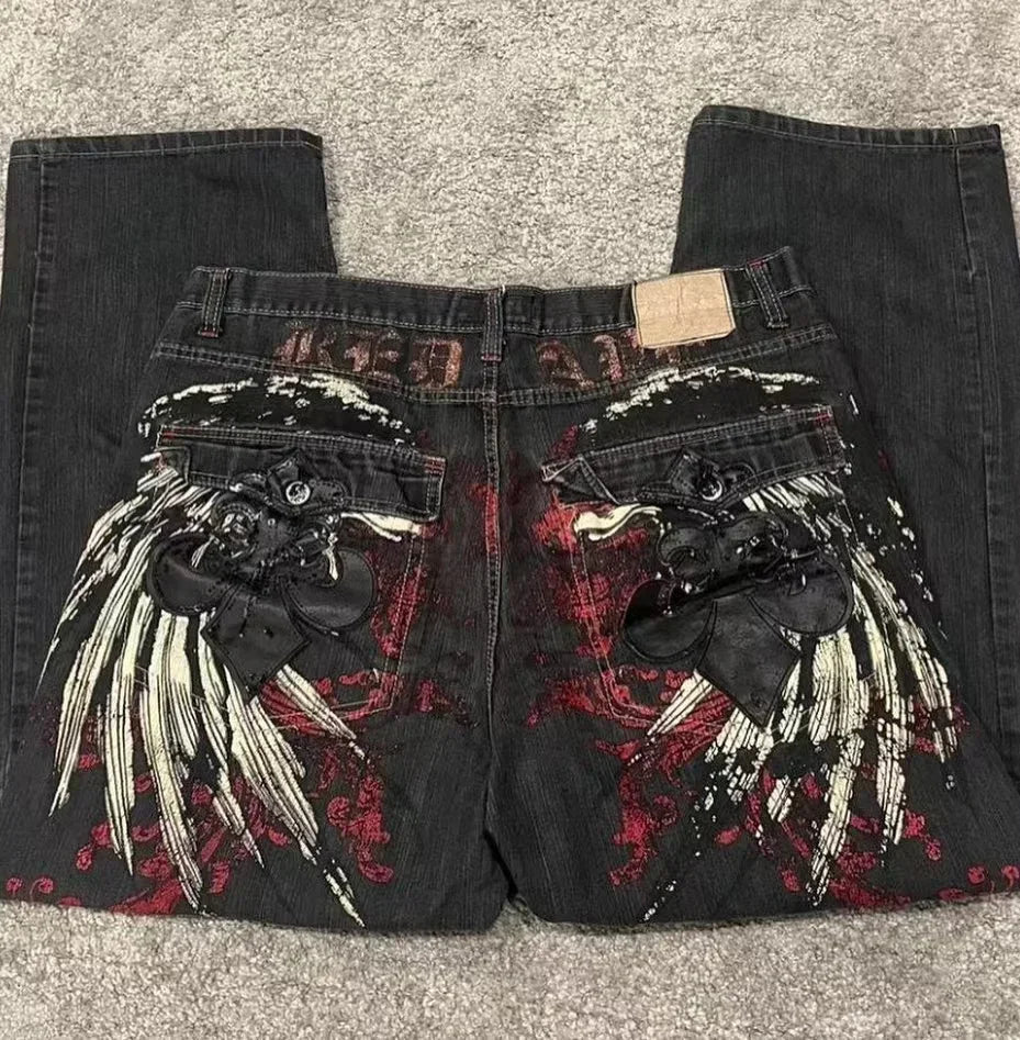 Wing Embroidery Wide Leg Pants