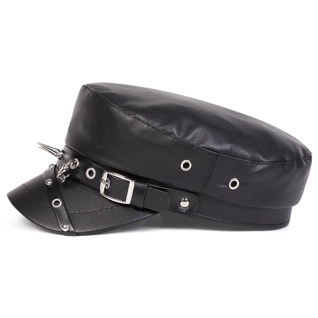 Unisex Punk Retro Military Rivet Buckle Leather Flat Top Beret Hat
