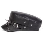 Unisex Punk Retro Military Rivet Buckle Leather Flat Top Beret Hat
