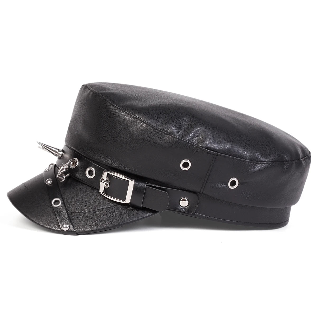 Unisex Punk Retro Military Rivet Buckle Leather Flat Top Beret Hat