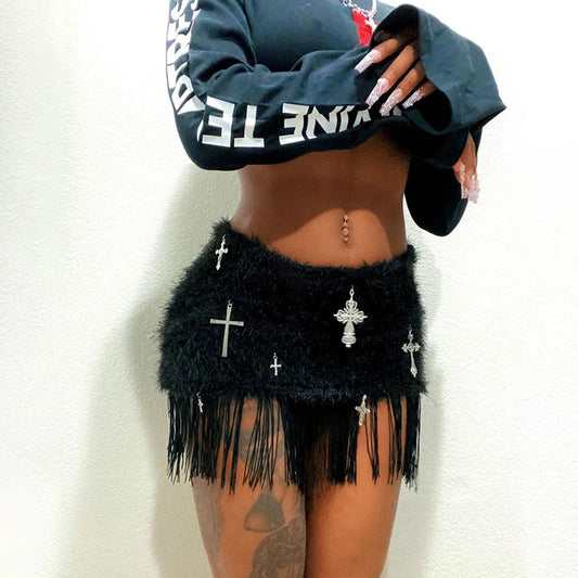 Tassel Furry High Waist Skirt