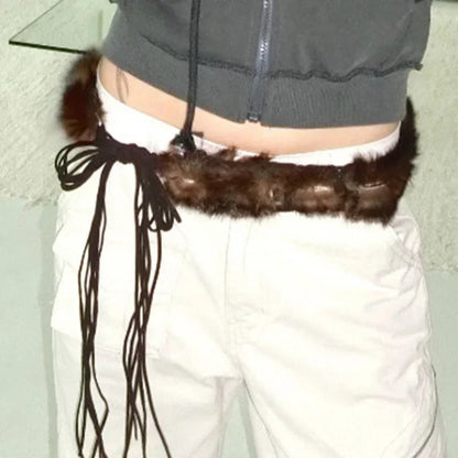Vintage Gothic Fur Patchwork Tie Belt