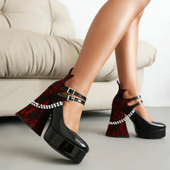 Black Red Lace Up Platform Gothic High Heel