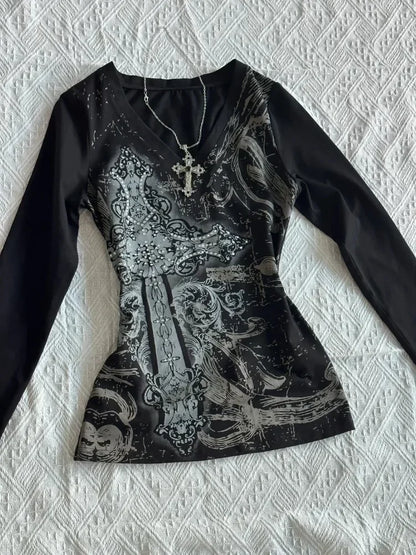 Gothic V-neck Graphic Cotton T-shirt
