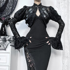 Lace Mesh Flared Sleeve Black Blouse