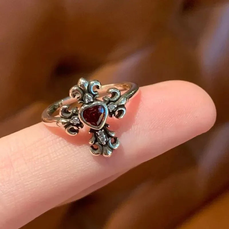 Vintage Gothic Red Crystal Cross Ring